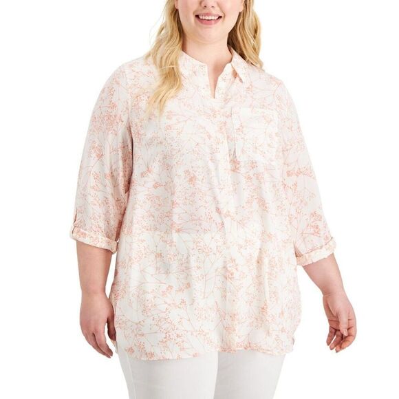 Alfani Plus Size Printed Utility Tunic, Coral Baby Breath, Sz. 3X - Picture 2 of 12